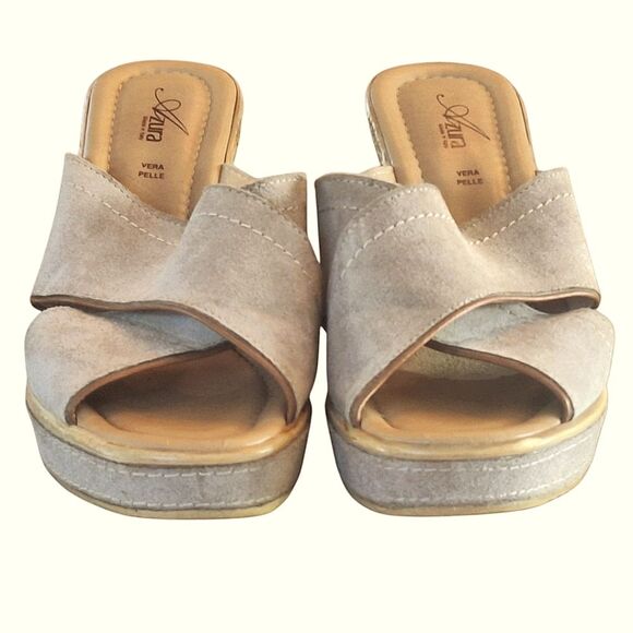 AZURA Italy Cork Wedge Sandals Criss-Cross Slides Finest Italian Leather Cushy - Picture 2 of 16